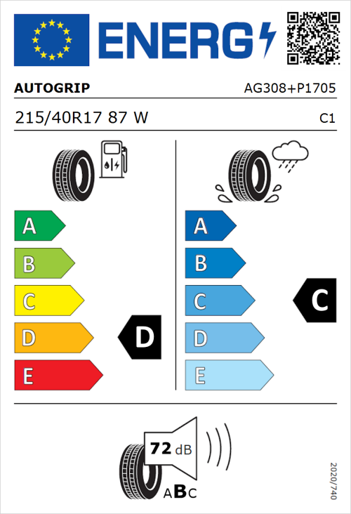 Tyre Label for Autogrip P308 Plus 215/40R17 87W