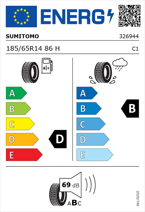 Tyre Label for Sumitomo BC100 185/65R14 86H